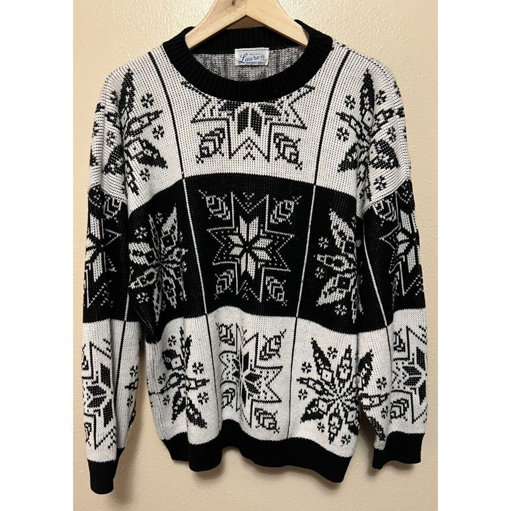 Vintage 80s Sweater 1980s Snowflake Pullover‎ Winter Retro Holidays Black White